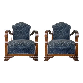Pair of Art Deco Club Armchairs With Blue Ink Damask Velvet For Sale