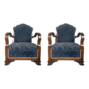 Pair of Art Deco Club Armchairs With Blue Ink Damask Velvet
