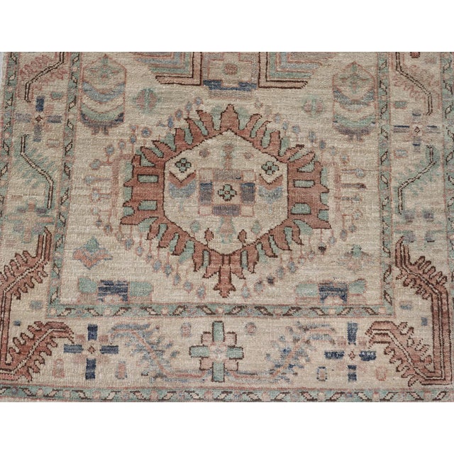 Ivory Afghanistan Heriz-Serapi Runner With Ivory Field and Soft Green Accents For Sale - Image 8 of 13