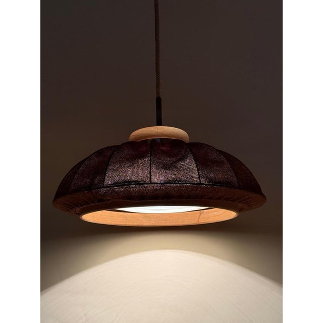 Mid-Century Modern Pendant Lamp in Brown Fabric, Wood and Glass from Doria Leuchten, Germany, 1970s For Sale - Image 17 of 18