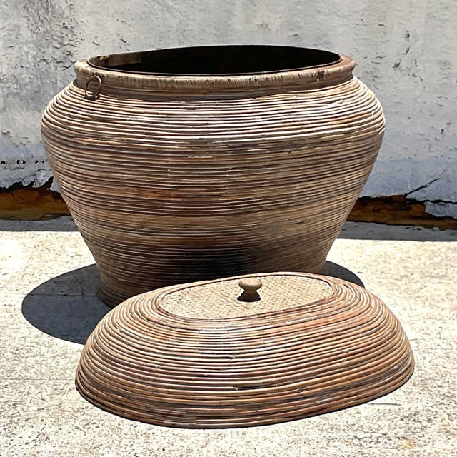 Late 20th Century Vintage Coastal Pencil Reed Lidded Basket For Sale - Image 5 of 10