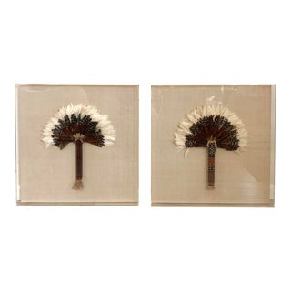 Vintage Native American Style Feather and Woven Fans Mounted in Lucite- a Pair For Sale