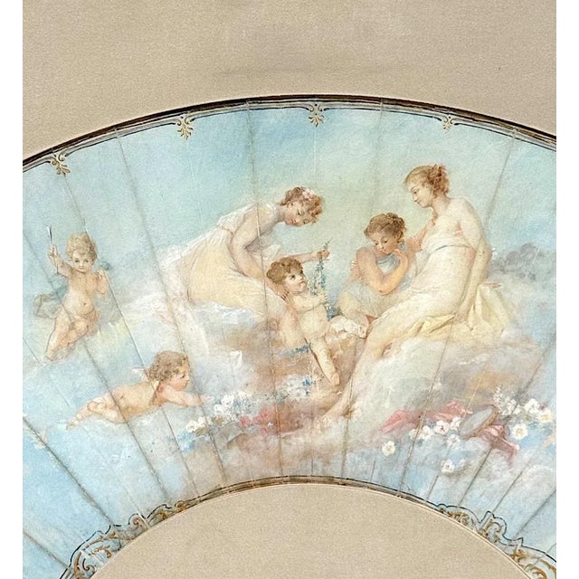 Antique French Louis XV Period Hand Painted Pale Blue Fan in Gilt Frame With Angels and Cherubs For Sale - Image 9 of 13