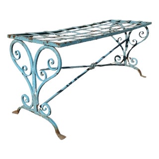 Antique French Art Nouveau Scrolling Wrought Iron Metal Strap Garden Bench For Sale