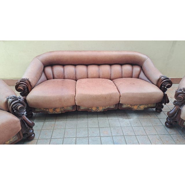 Vintage / Retro (1940s - 1960s) Italian living room in mahogany and leather - 1970s (sofa + 2 armchairs)Important Italian...