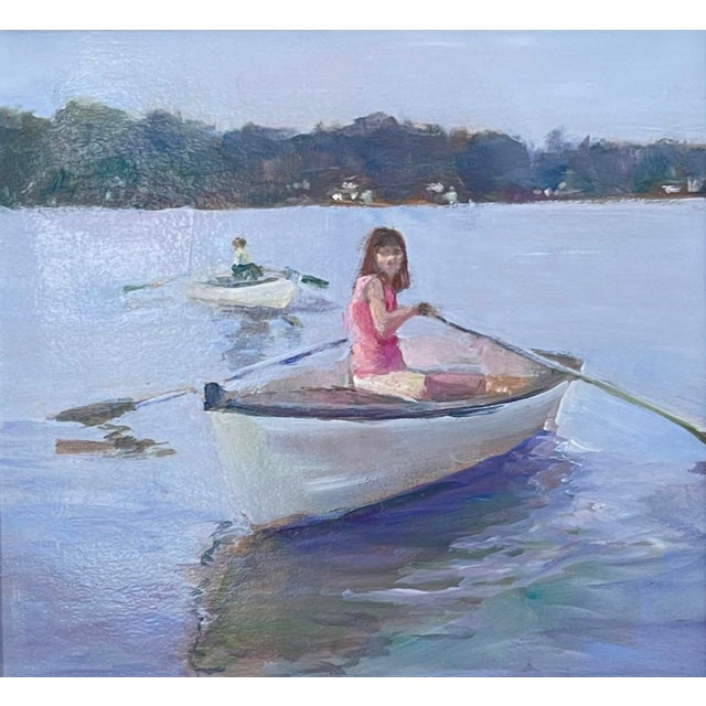 Lure of the Dinner Bell by Sheri Farabaugh | Oil on Hardboard Girl in a boat on a calm water surface. For Sale