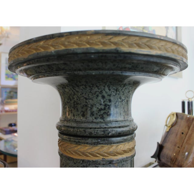 Antique 19C Pedestal Gold Tone Bands Dark Green Marble With Octagonal Base
