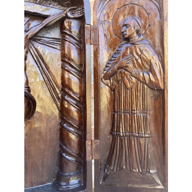 Brown French Antique Hand Carved Walnut Wood Religious Triptych or Carved Wall Sculpture Panel, 1890s For Sale - Image 8 of 18