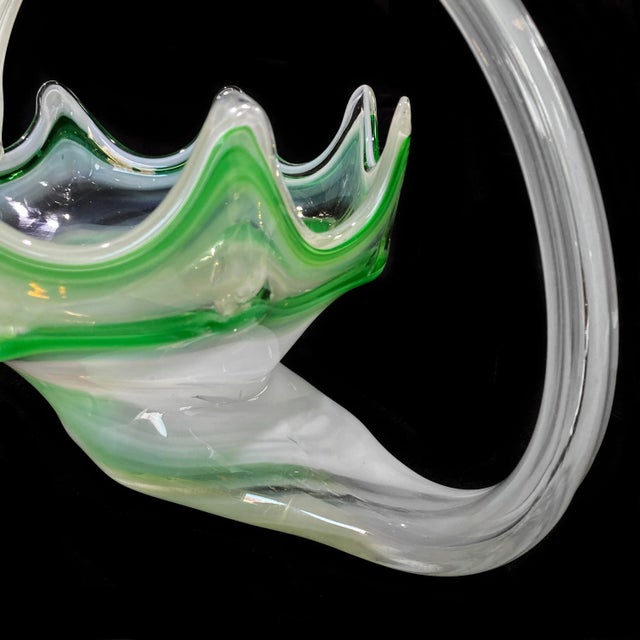 Glass Vintage Murano Green Blown Art Glass Centerpiece Cornucopia Bowl W/ Handle For Sale - Image 7 of 10