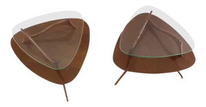 Mid-Century Modern Round Triangular Tri-Legged Two Tier Side Tables - a Pair