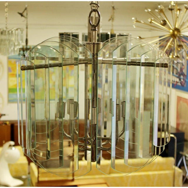 Chrome 1980s Tiered Glass & Chrome Chandelier by Forecast Lighting Co. For Sale - Image 8 of 9