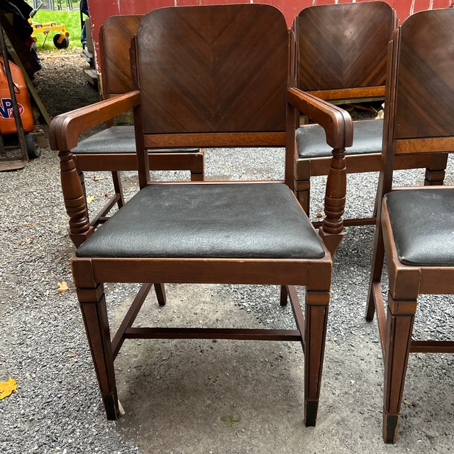 An exceptionally rare and complete set of six matching American Art Deco dining chairs, circa 1930s. Finding an intact,...