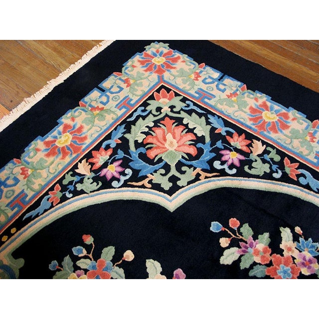 1920s Black Floral Medallion Antique Chinese Art Deco Rug 9' X 12' Handknotted Wool Carpet For Sale - Image 4 of 6