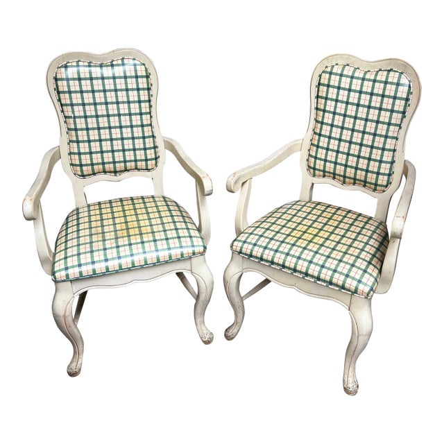 1970s Country Core Pair of Green Gingham Chairs For Sale