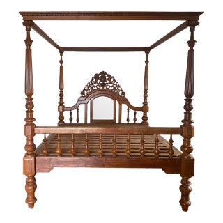 Late 19th Century Antique Carved Wooden California King Canopy Bed For Sale