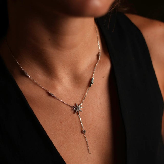 Unveil the magic of the stars with our Stellar Radiance Sterling Silver & Diamond Necklace, a piece that captures...