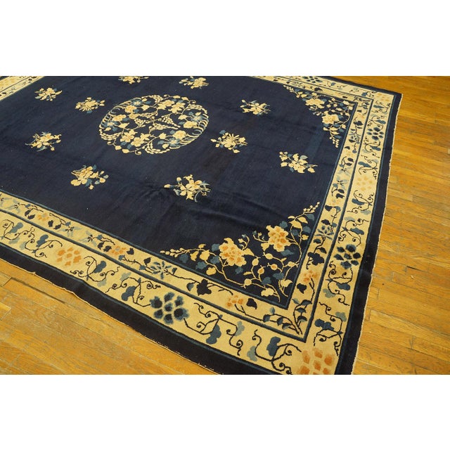 1920s Classic Floral Medallion Navy Blue Background Antique Chinese Peking Rug For Sale - Image 9 of 10
