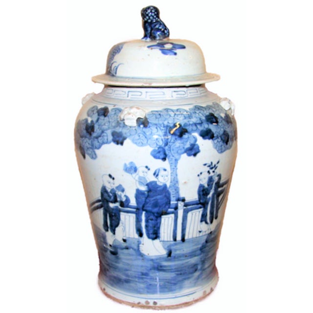 This is a contemporary extra-large, high quality porcelain blue and white Balester Temple Jar / Ginger Jar decorated with...