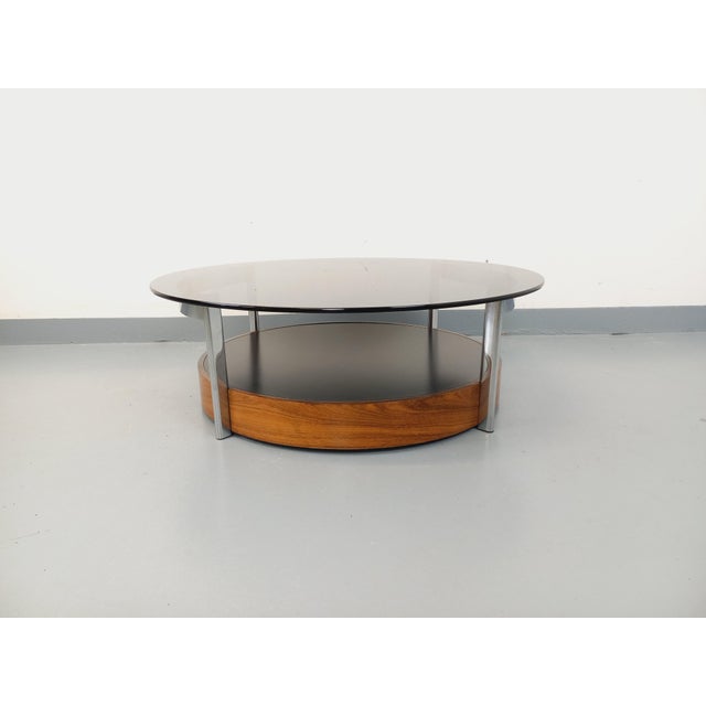 Vintage Italian Round Coffee Table in Teak, Chrome Metal and Smoked Glass, 1960s For Sale - Image 12 of 18