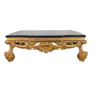 Baroque-Style 22k Gold Leaf Carved Coffee Table With Black Stone Top For Sale