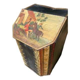 Antique 1850s Tole Bin English Cottage Hand Painted Folk Art Wood Coal Storage For Sale