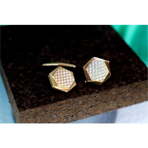 Hexagon-Shaped Guilloche Gold Cufflinks, Set of 2 For Sale - Image 6 of 7