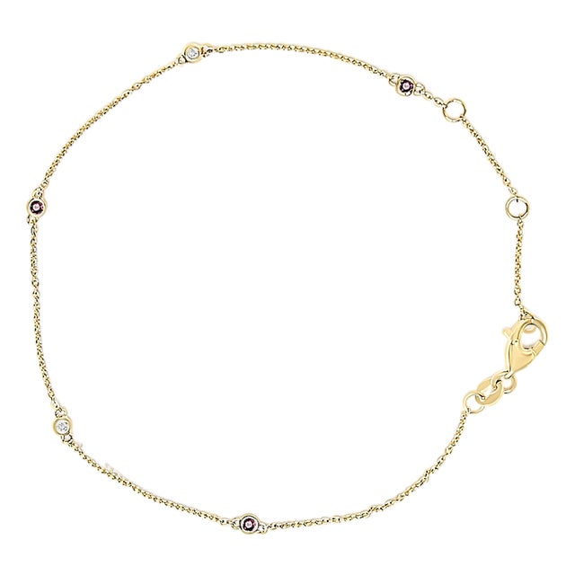 14K Yellow Gold Alternating Red Ruby and White Diamond Bezel Station Chain Bracelet (I-J Color, SI2-I1 Clarity) - 7.5" Inches For Sale