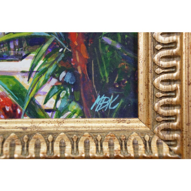 Late 20th Century Garden Terrace Marble Lion Head Fountain Oil Painting on Board 10" For Sale - Image 6 of 9