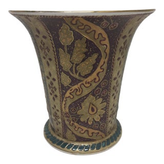 Vintage Asian Planter in Wine, a Gold and Tan Hand Painted Ceramic. For Sale