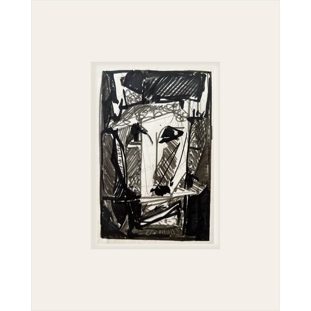 Small Vintage Mid-Century European Abstract Animal Ink Drawing on Paper, Mid 1950s, With Mat For Sale