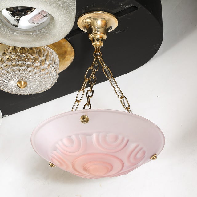 Art Deco Frosted Geometric Rose Glass Brass Fitted Pendant Chandelier For Sale - Image 14 of 17