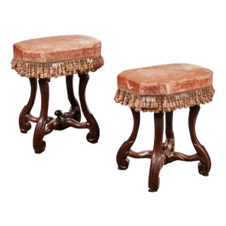 Italian Walnut Benches with Silk Velvet Fabric - A Pair For Sale