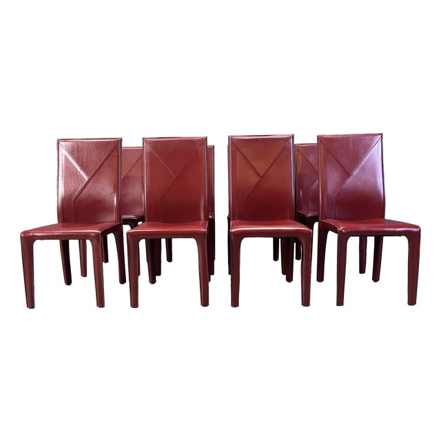 Red Leather Dining Chairs from Roche Bobois, France, 1980s, Set of 8 For Sale