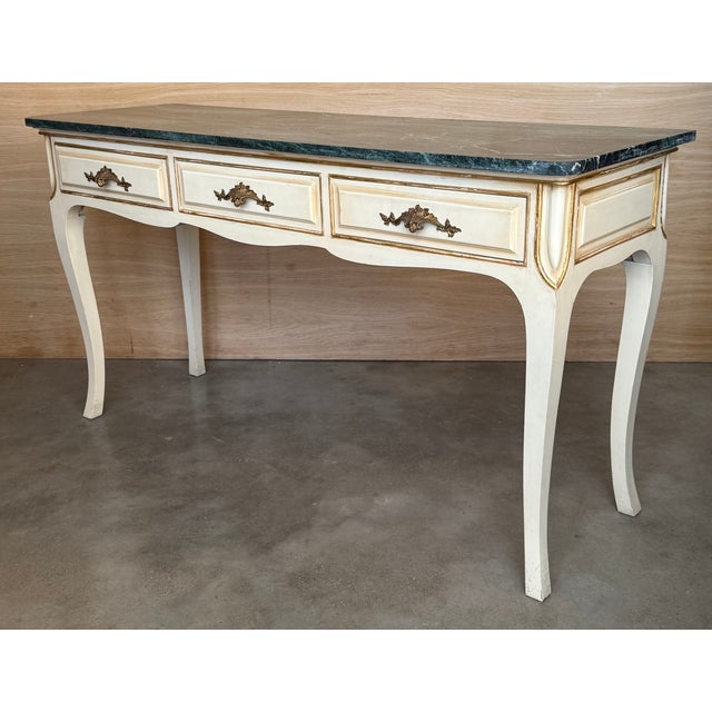 Stone 20th Century French White Painted Table Console With Green Marble Top For Sale - Image 7 of 16