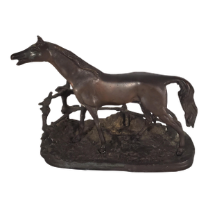 Bronze Horse Standing by Fence Whinnies to Friends, Marked J-P Menes