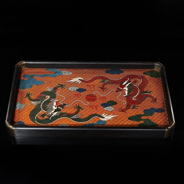 Chinese Vintage Ebony Wood Rectangular Tray With Cloisonné Double Dragon Panel For Sale - Image 3 of 9