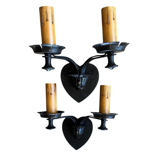 American 1920s Iron and Brass Scones in Old Black Paint - a Pair For Sale - Image 3 of 6