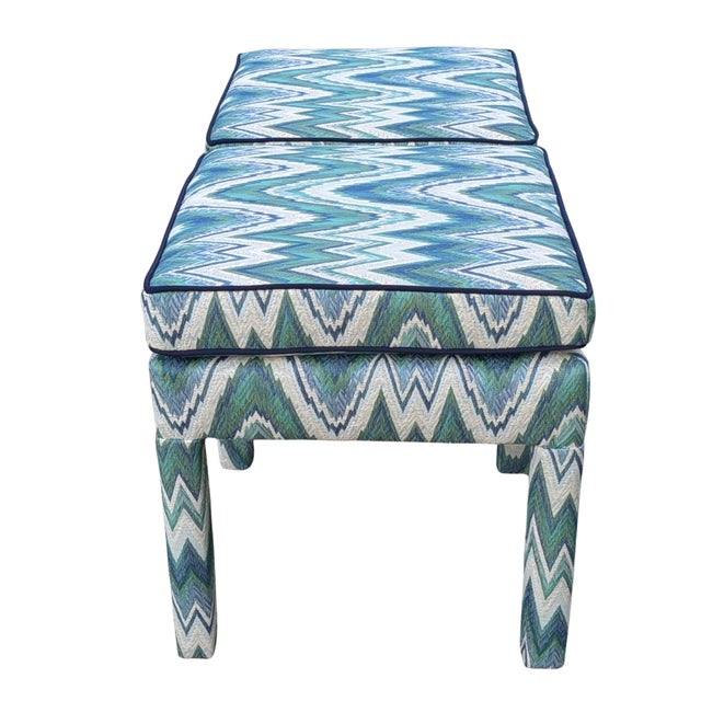 Transitional Schumacher Valkyrie Flame Stitch Parsons Ottomans in Emerald & Peacock- Pair For Sale - Image 3 of 10