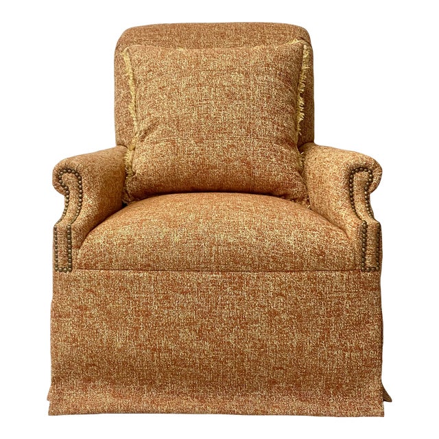 Rolled Arm Chair in Glowing-Ember Fabric, With French Antique Nail Heads and a Long Skirt For Sale