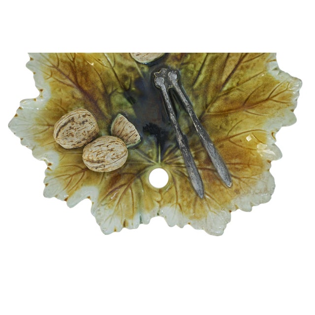 Late 19th Century Antique English Majolica Nuts & Nutcracker on Leaf Dish Trompe l'Oeil Bretby Pottery For Sale - Image 5 of 7