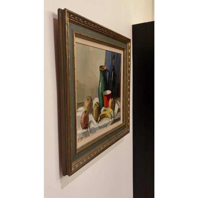 1960s Vintage Signed Oil Still Life With Fruit, Green Pitcher & Gilt Frame For Sale - Image 5 of 7