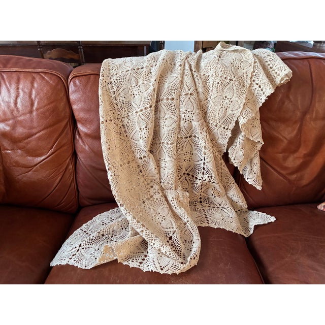 Vintage Handmade Coverlet Crochet Lace Tablecloth — Ivory Floral Heirloom Textile — French Country / Farmhouse — 56” × 82 For Sale - Image 10 of 10
