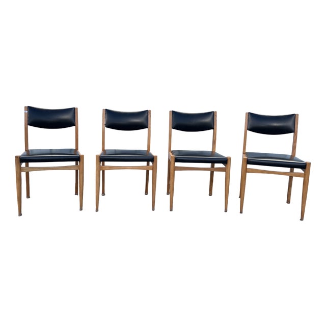 Scandinavian Dining Chairs in Light Wood and Black Skai, 1960s, Set of 4 For Sale