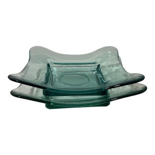 Pair of Heavy Aqua Art Glass Sculptural Square Plates For Sale