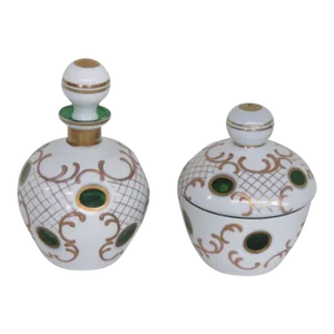 Bohemian Perfume Bottle Czechoslovakia Cased Glass to Green Set