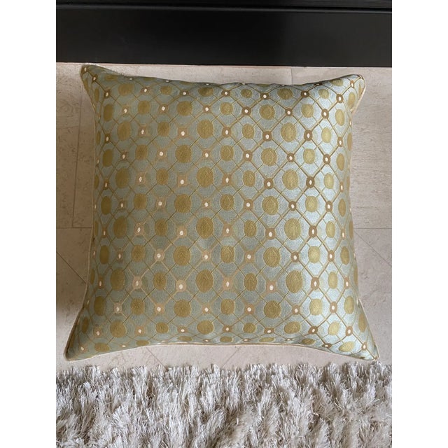 Designer Mid-Century Style Pillows in Olive Green on Ice Blue - A Pair For Sale - Image 9 of 10