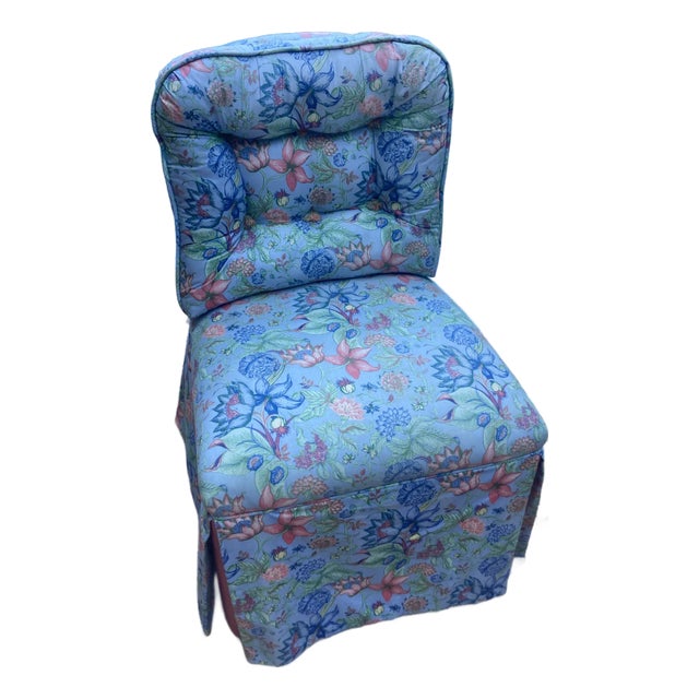 Vintage Upholstered Regency Slipper Chair in Elegant Pip Studio Floral Blue and Salmon Chintz For Sale