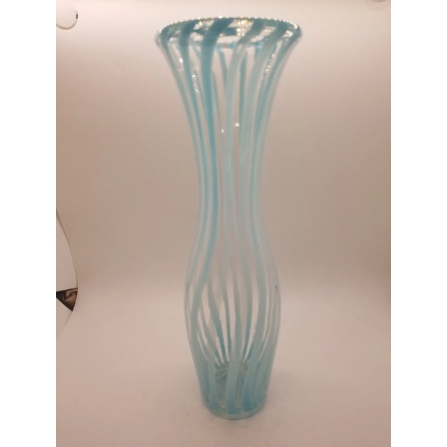 Art Nouveau Vintage Artisan Baby Blue Striped Lipped Glass Blown Vase For Sale - Image 3 of 3