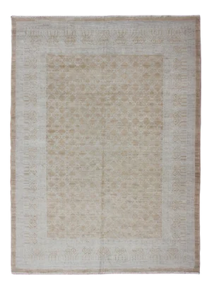 Afghan Khotan Rug in Soft Gold and All-Over Pattern With Geometric Border