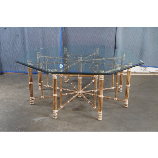 1970s Attributed to McGuire Mid Century Bohemian Modern Octagonal Bamboo Glass Dining Table 74" For Sale - Image 17 of 18